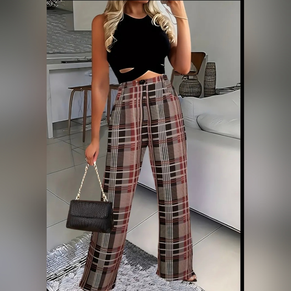 Plaid Pattern High Waist Pants, Casual Wide Leg Slant Pockets Pants